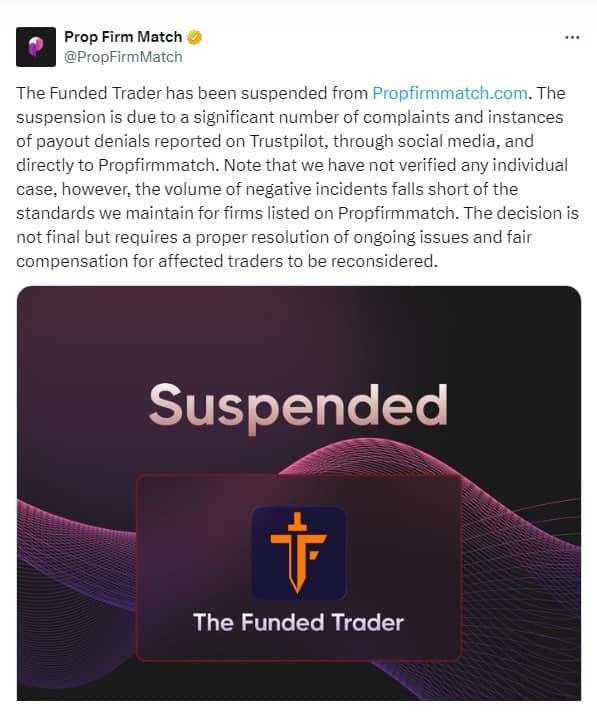 The Funded Trader suspended
